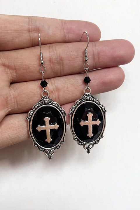 Gothic Cross Charm Faux Onyx Drop Earrings
