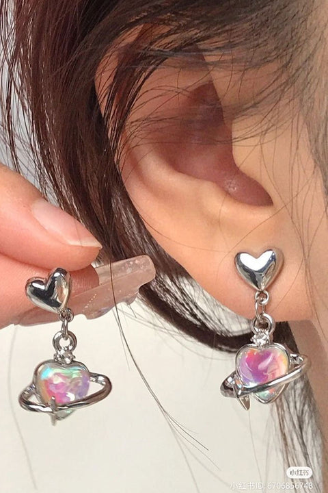 Soft Gothic Hologram Heart Planet Crystal Stud Earrings