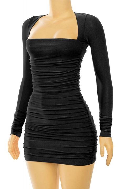 Tresser™ Long Sleeve Square Neck Back Tie Ruched Mini Dress