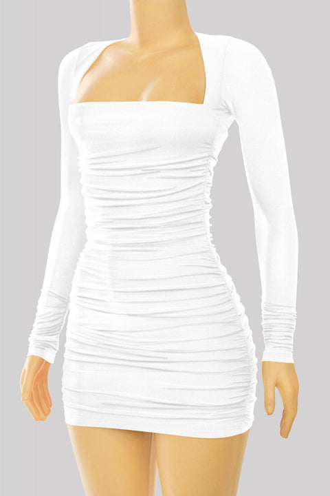 Tresser™ Long Sleeve Square Neck Back Tie Ruched Mini Dress