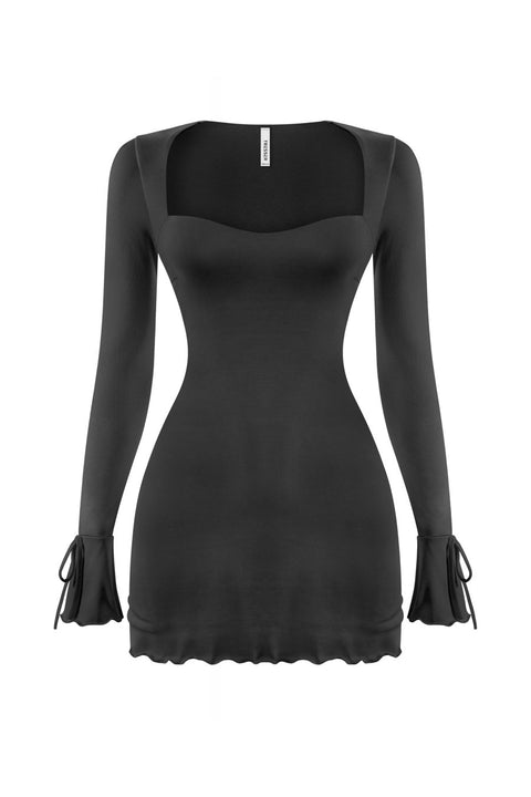 Tresser™ Long Sleeve Square Neck Bow-Tie Bell Sleeve Ruffled Mini Dress