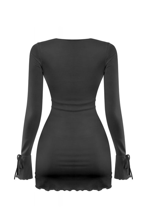 Tresser™ Long Sleeve Square Neck Bow-Tie Bell Sleeve Ruffled Mini Dress