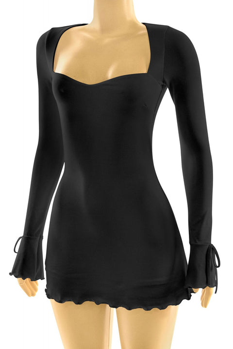 Tresser™ Long Sleeve Square Neck Bow-Tie Bell Sleeve Ruffled Mini Dress