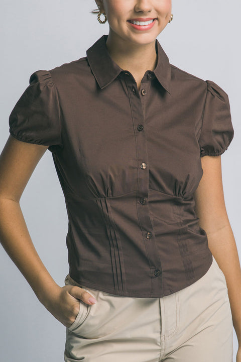 Clean Girl Puffed Short-Sleeve Button-Up Fitted Cotton Blend Shirt