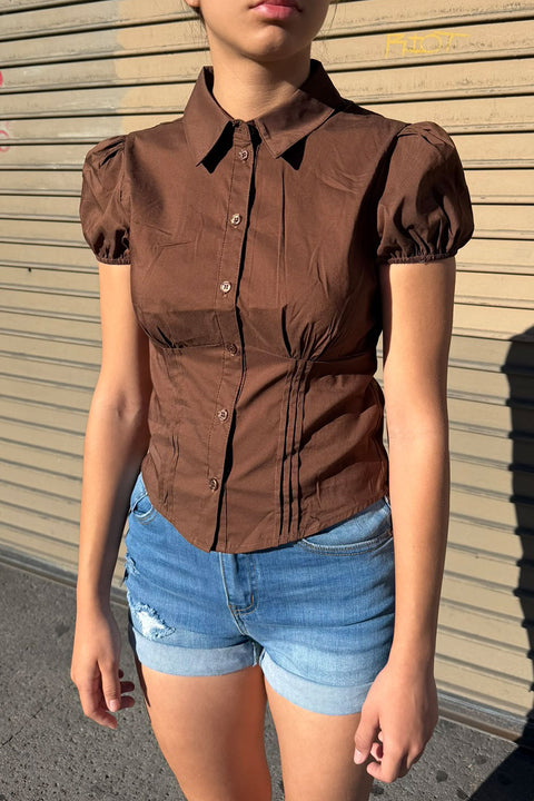 Clean Girl Puffed Short-Sleeve Button-Up Fitted Cotton Blend Shirt