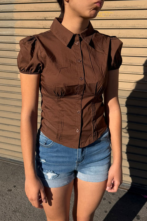 Clean Girl Puffed Short-Sleeve Button-Up Fitted Cotton Blend Shirt