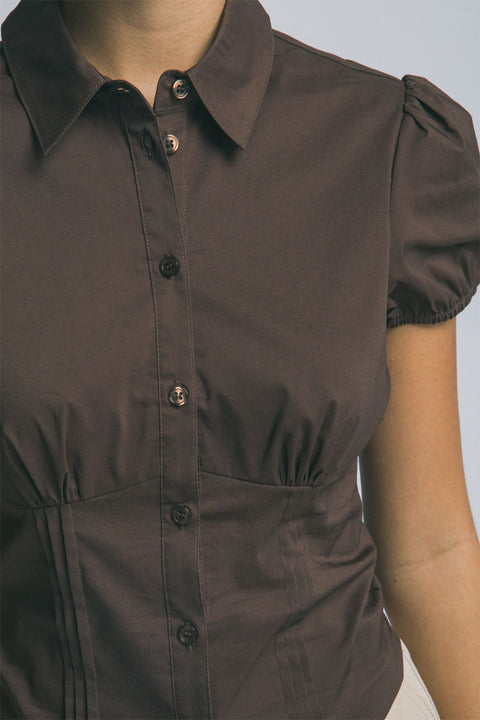 Clean Girl Puffed Short-Sleeve Button-Up Fitted Cotton Blend Shirt