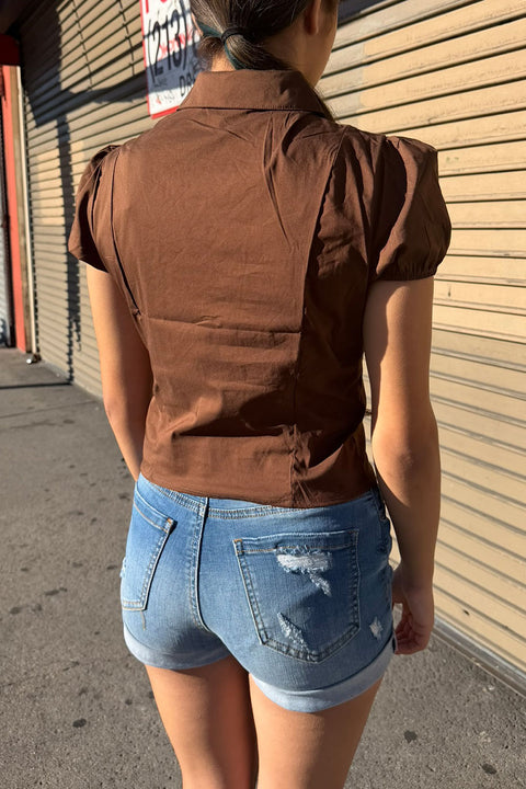 Clean Girl Puffed Short-Sleeve Button-Up Fitted Cotton Blend Shirt