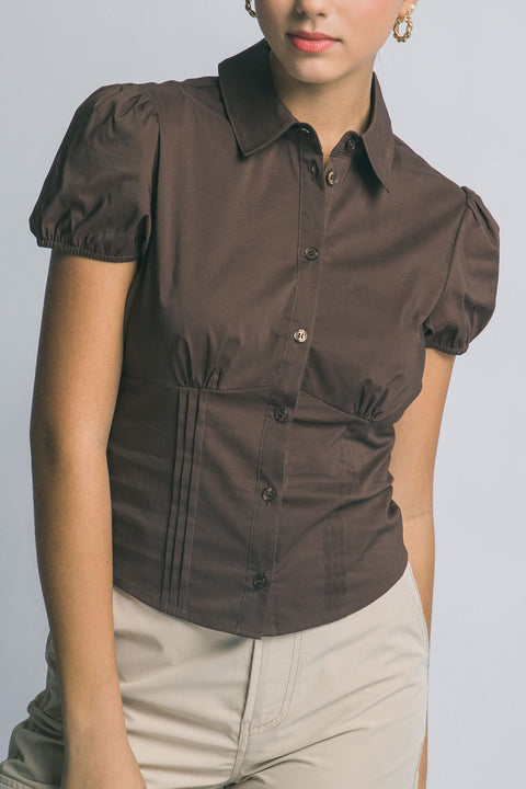Clean Girl Puffed Short-Sleeve Button-Up Fitted Cotton Blend Shirt
