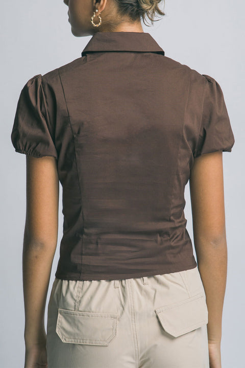 Clean Girl Puffed Short-Sleeve Button-Up Fitted Cotton Blend Shirt