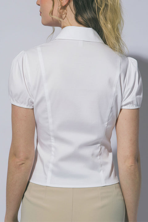 Clean Girl Puffed Short-Sleeve Button-Up Fitted Cotton Blend Shirt