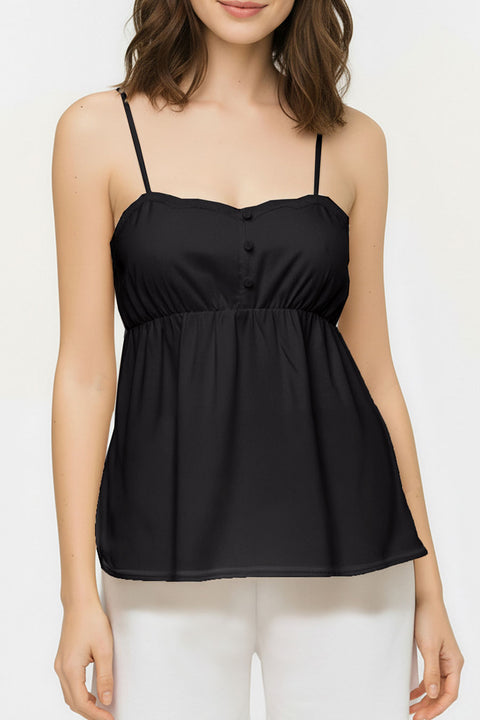 Linen-Blend Ruffled Edge Button-Decorated Cami Flowy Top