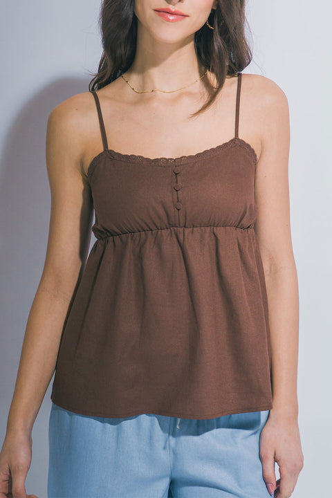 Linen-Blend Ruffled Edge Button-Decorated Cami Flowy Top