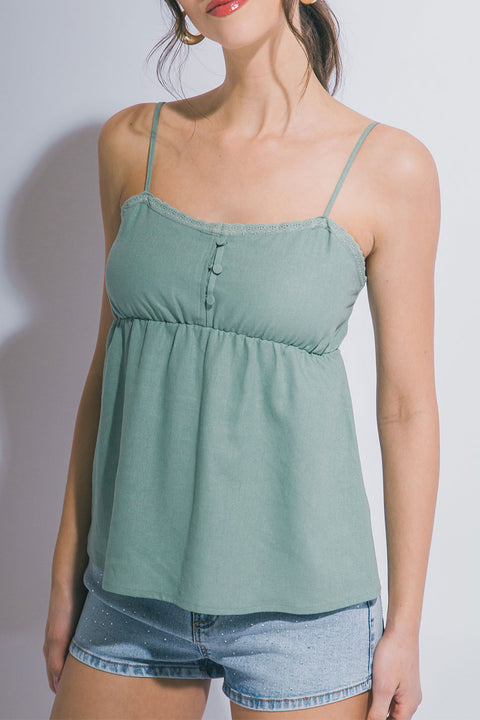 Linen-Blend Ruffled Edge Button-Decorated Cami Flowy Top