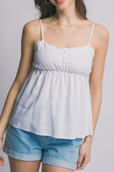 Linen-Blend Ruffled Edge Button-Decorated Cami Flowy Top