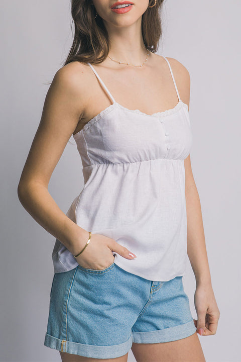Linen-Blend Ruffled Edge Button-Decorated Cami Flowy Top