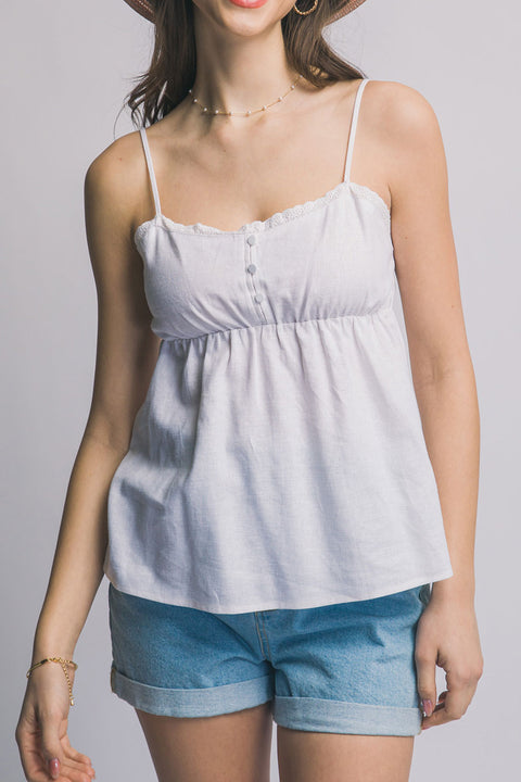 Linen-Blend Ruffled Edge Button-Decorated Cami Flowy Top