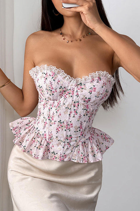 Ditsy Floral Print Lace Trimmed Tube Peplum Corset Bustier Top with Adjustable Back Tie