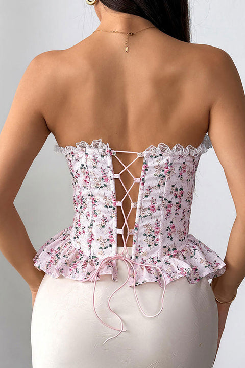 Ditsy Floral Print Lace Trimmed Tube Peplum Corset Bustier Top with Adjustable Back Tie