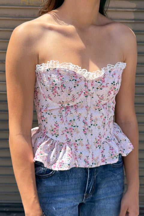 Ditsy Floral Print Lace Trimmed Tube Peplum Corset Bustier Top with Adjustable Back Tie