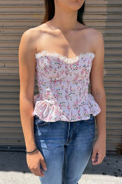 Ditsy Floral Print Lace Trimmed Tube Peplum Corset Bustier Top with Adjustable Back Tie