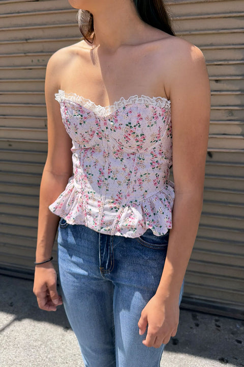 Ditsy Floral Print Lace Trimmed Tube Peplum Corset Bustier Top with Adjustable Back Tie
