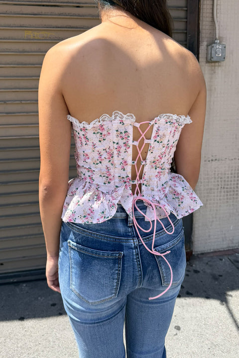 Ditsy Floral Print Lace Trimmed Tube Peplum Corset Bustier Top with Adjustable Back Tie