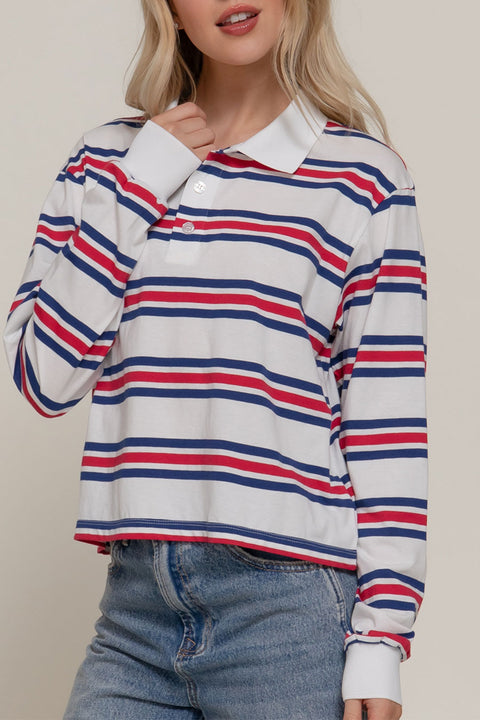 Preppy Long Sleeve Multi Stripe White Polo T-Shirt