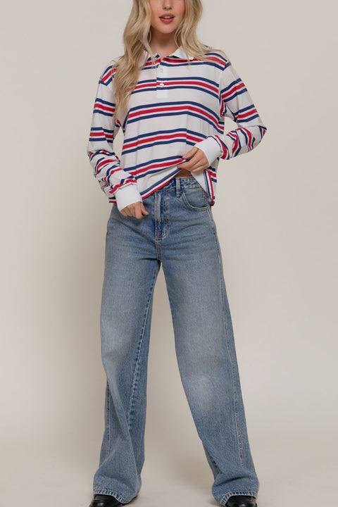 Preppy Long Sleeve Multi Stripe White Polo T-Shirt