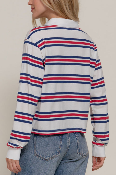 Preppy Long Sleeve Multi Stripe White Polo T-Shirt
