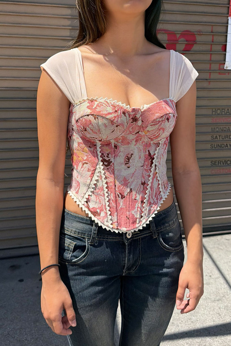 Vintage Floral Print Lace Trimmed Tube Corset Bustier Top with Adjusta ...