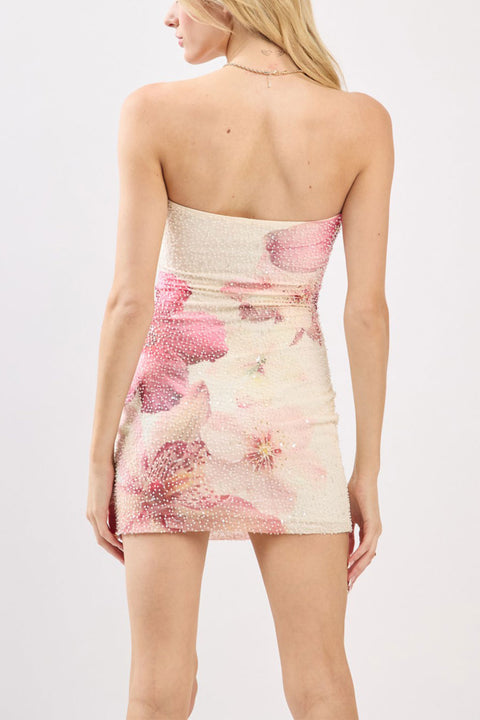 Big Flower Print Mesh Beads Tube Mini Dress