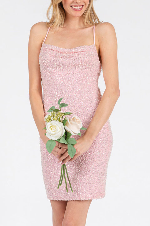 Mesh Sleeveless Back Strap Beads Mini Dress