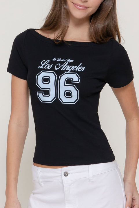 "Los Angeles" Graphic Shorts Sleeve Boat Neck Top