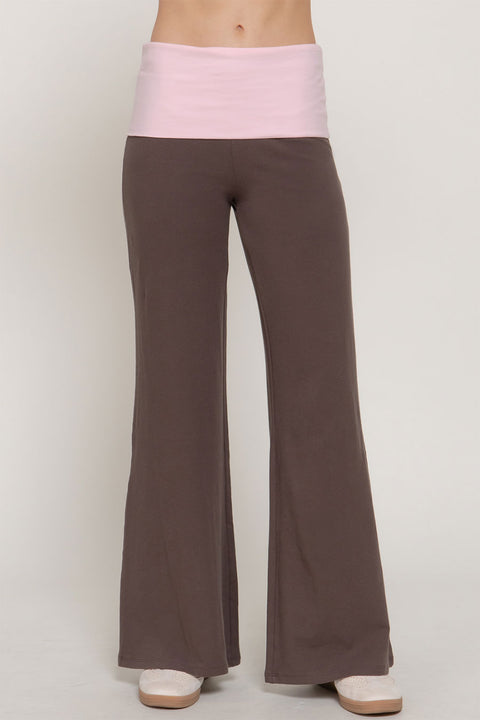 Basic Contrasting Color Folded Waist Yoga Pants
