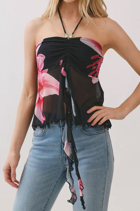 Big Flower Mesh Print Bead Embellished Bandeau Camisole Top