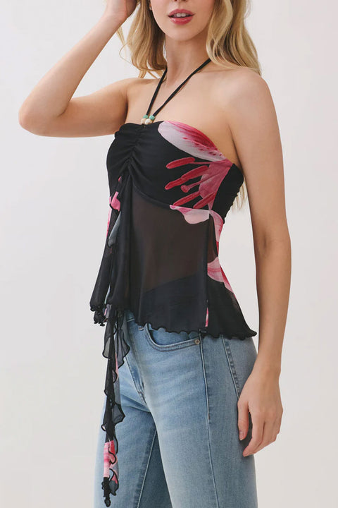Big Flower Mesh Print Bead Embellished Bandeau Camisole Top