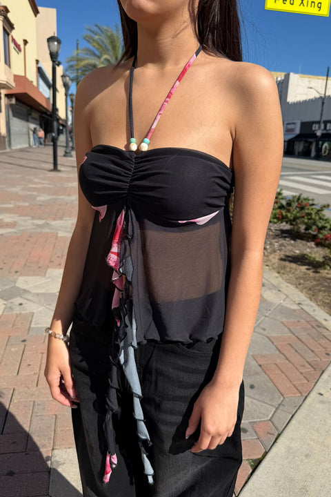 Big Flower Mesh Print Bead Embellished Bandeau Camisole Top