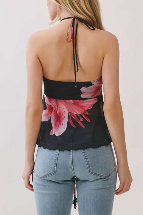 Big Flower Mesh Print Bead Embellished Bandeau Camisole Top
