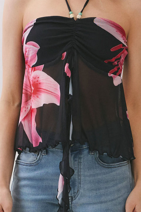 Big Flower Mesh Print Bead Embellished Bandeau Camisole Top