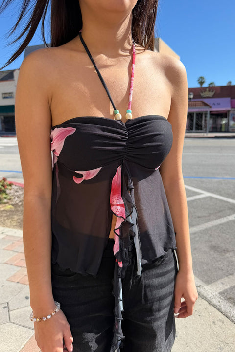 Big Flower Mesh Print Bead Embellished Bandeau Camisole Top