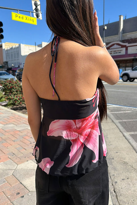 Big Flower Mesh Print Bead Embellished Bandeau Camisole Top