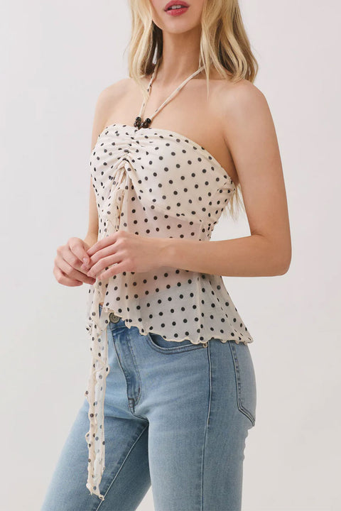 Polka Dot Mesh Print Bead Embellished Bandeau Camisole Top