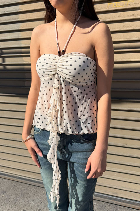 Polka Dot Mesh Print Bead Embellished Bandeau Camisole Top