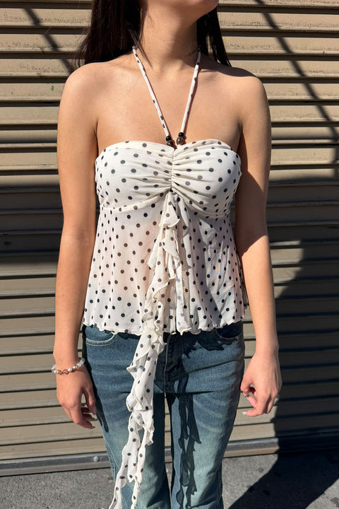 Polka Dot Mesh Print Bead Embellished Bandeau Camisole Top