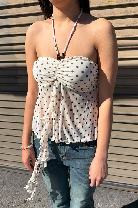 Polka Dot Mesh Print Bead Embellished Bandeau Camisole Top