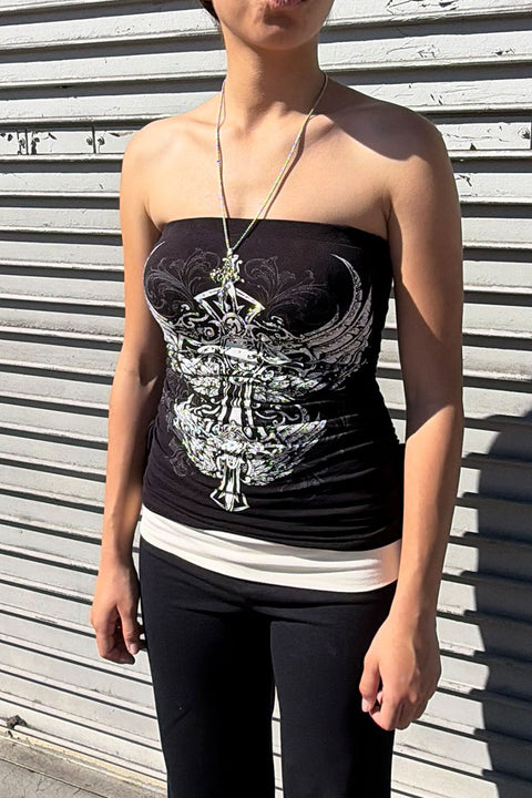 Y2K McBling Gothic Cross & Two Wing RhineStone Print Side Shirred Tube Top