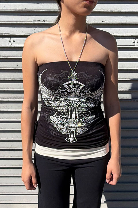 Y2K McBling Gothic Cross & Two Wing RhineStone Print Side Shirred Tube Top