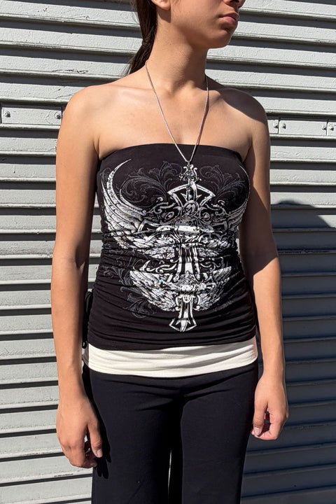 Y2K McBling Gothic Cross & Two Wing RhineStone Print Side Shirred Tube Top