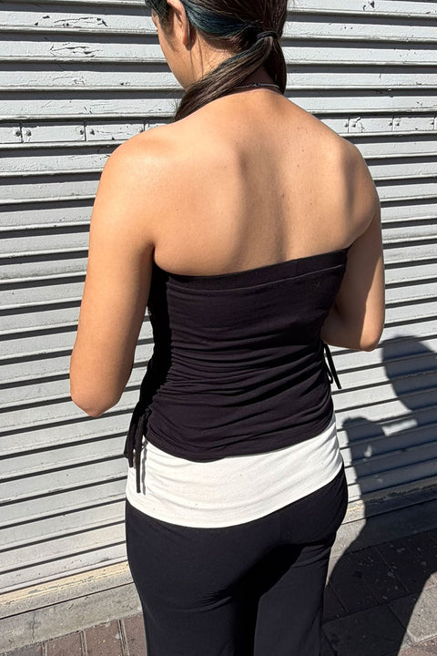 Y2K McBling Two-Wring RhineStone Print Side Shirred Tube Top Black